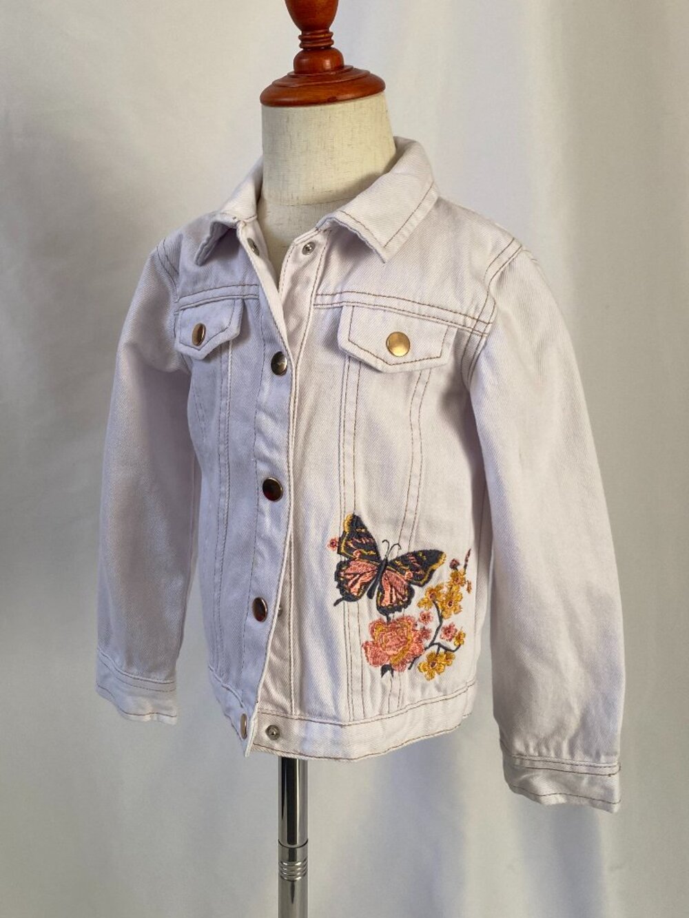 Little Lass Girls Size 5 White Denim Jacket Embroidered Butterfly Floral